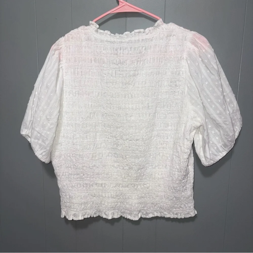 J. Crew Puff Sleeve Textured Voile Smocked White Short Sleeve Top Large NWT